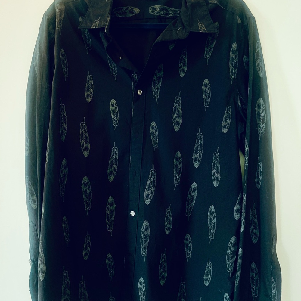 Edun Men’s Black Button Down Feather Print Black Shirt